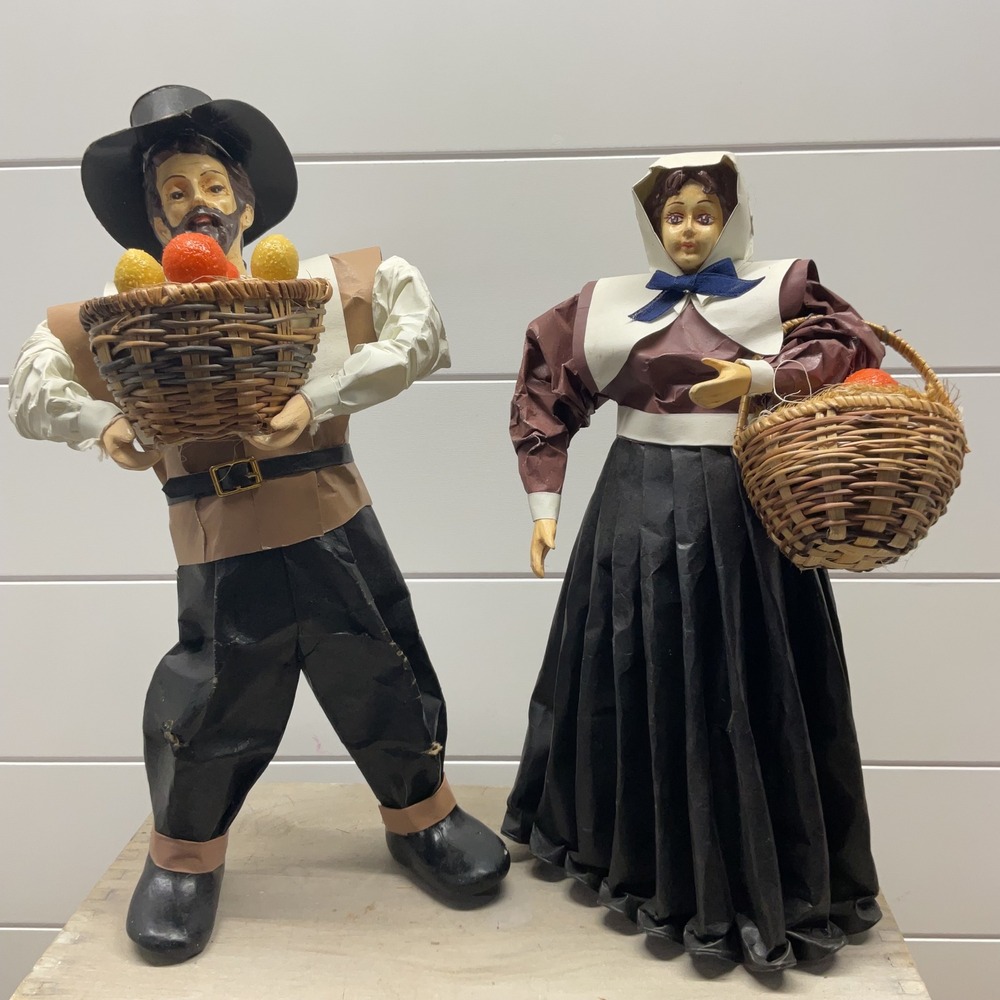 Paper Mache Pilgrim Couple Thanksgiving Decor Set 12 Inch Figurines